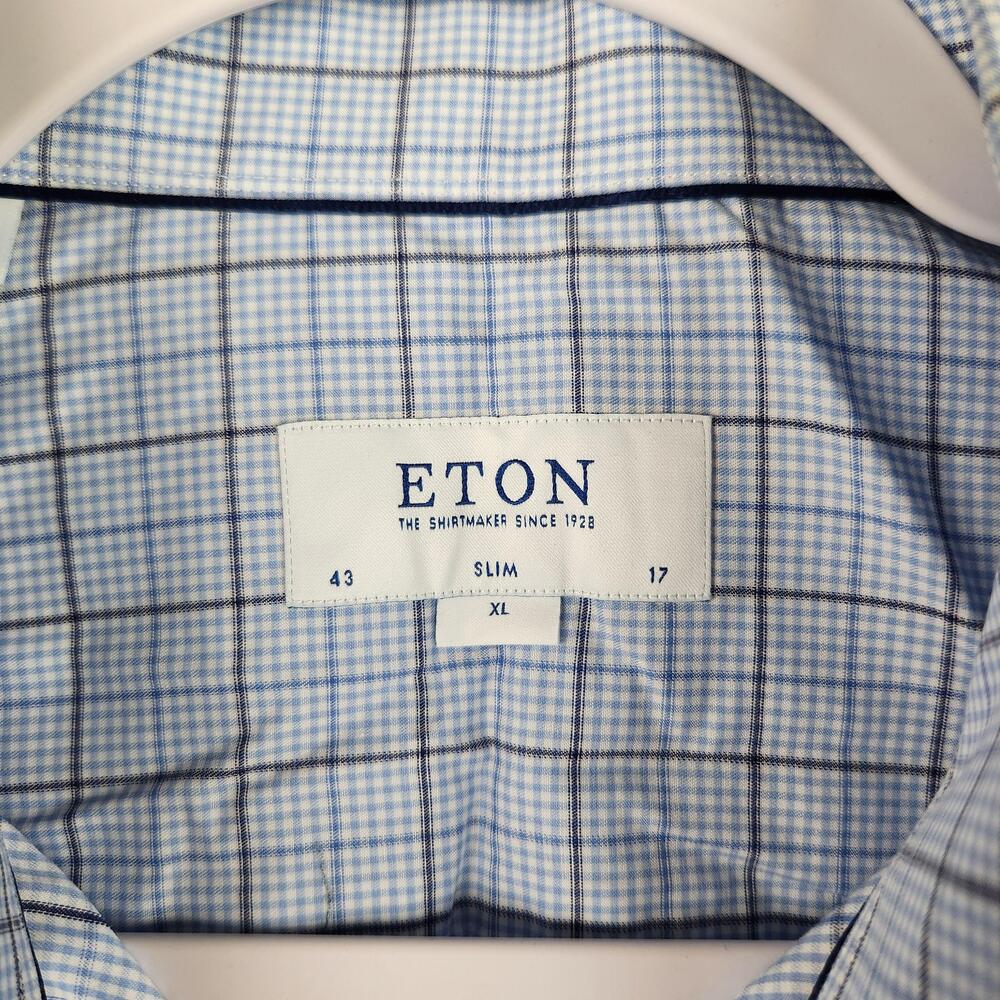 ETON Shirt Mens XL 43 17 Blue Windowpane Check Plaid Slim Fit Dress Button Golf